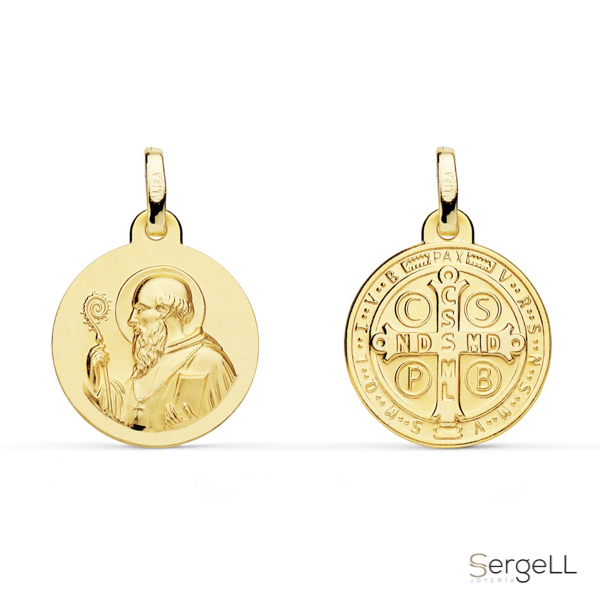 Medalla de San benito protección en oro 18k liso de 16 mm